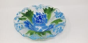 Sydenstricker Fused Glass Bowl Spring Floral Blue Green 6.5”